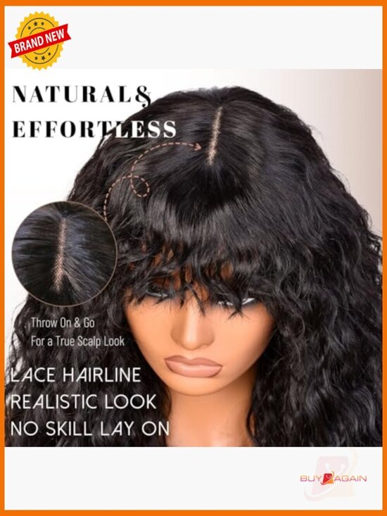 200 Density Long Curly Wig with Bangs 100% Human Hair Glueless main image 6